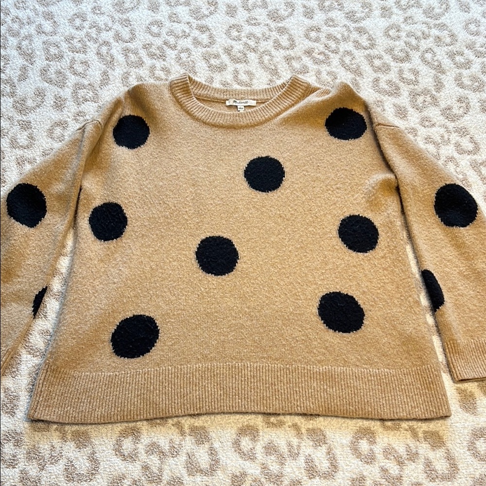 Madewell Tan Sweater With Black Polka Dots.